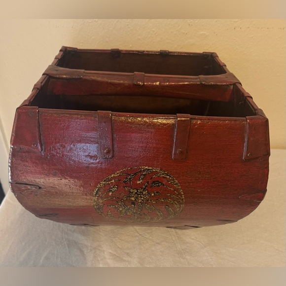 Chinese Red Lacquered Rice Harvest vintage Box